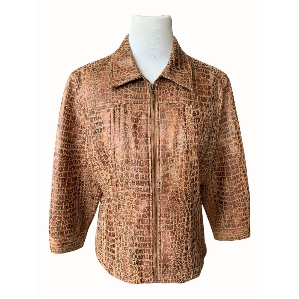 Ruby Rd Faux Crocodile Print Brown Womens Jacket Quarter Sleeves Zip Closure 16